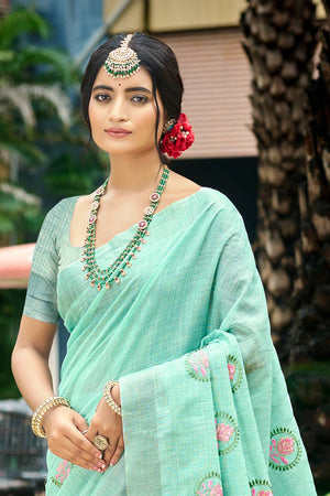 Light Blue Embroidered Linen Saree