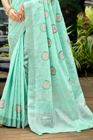 Light Blue Embroidered Linen Saree