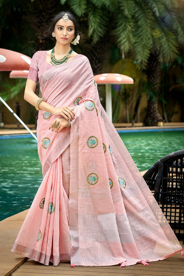 Pink Embroidered Linen Saree