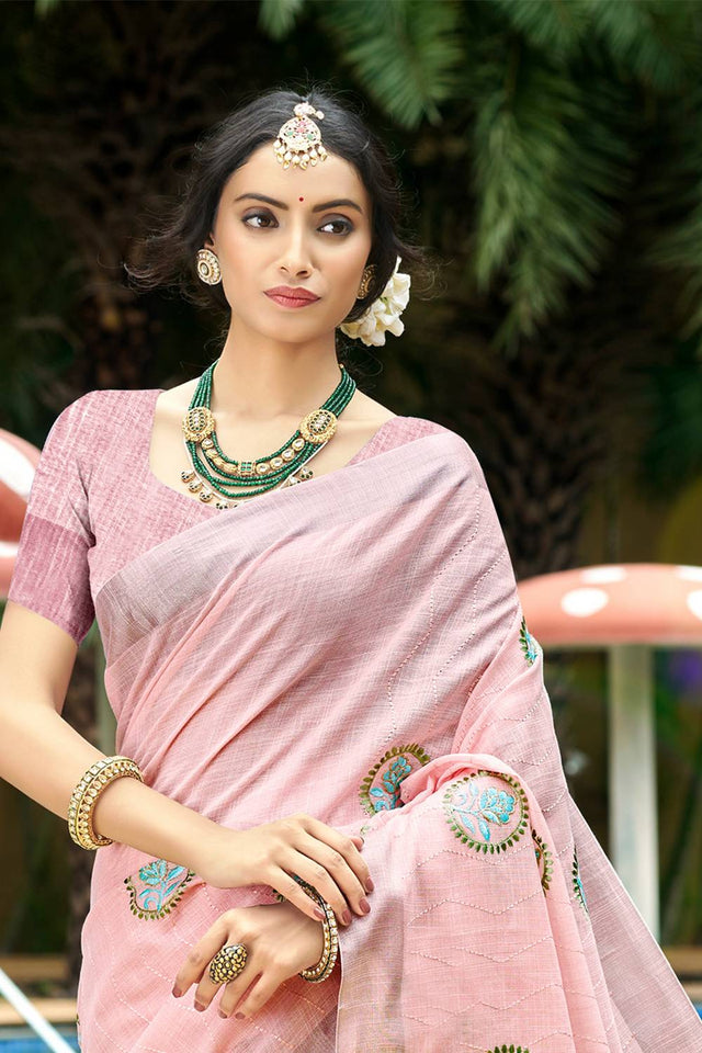 Pink Embroidered Linen Saree