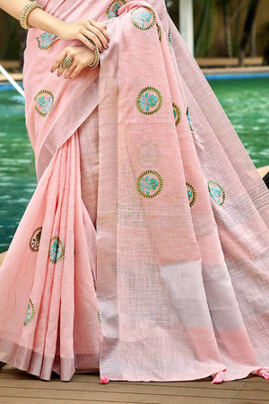 Pink Embroidered Linen Saree