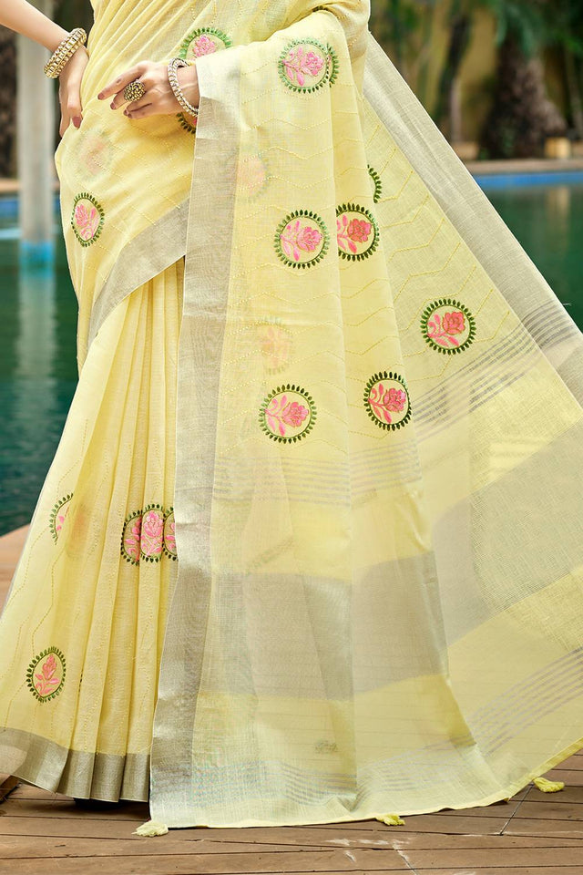 Yellow Embroidered Linen Saree