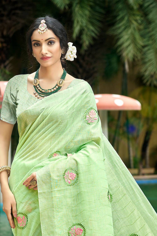 Green Embroidered Linen Saree