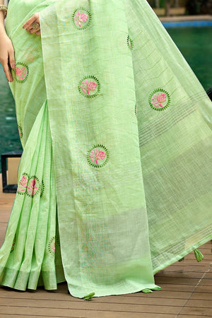 Green Embroidered Linen Saree