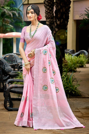 Pink Embroidered Linen Saree