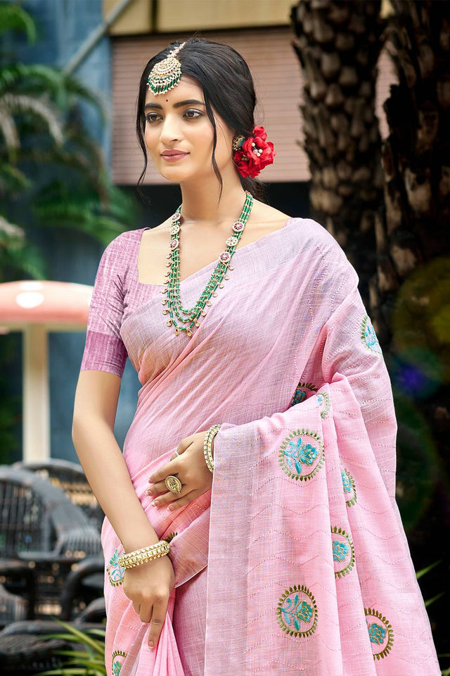 Pink Embroidered Linen Saree