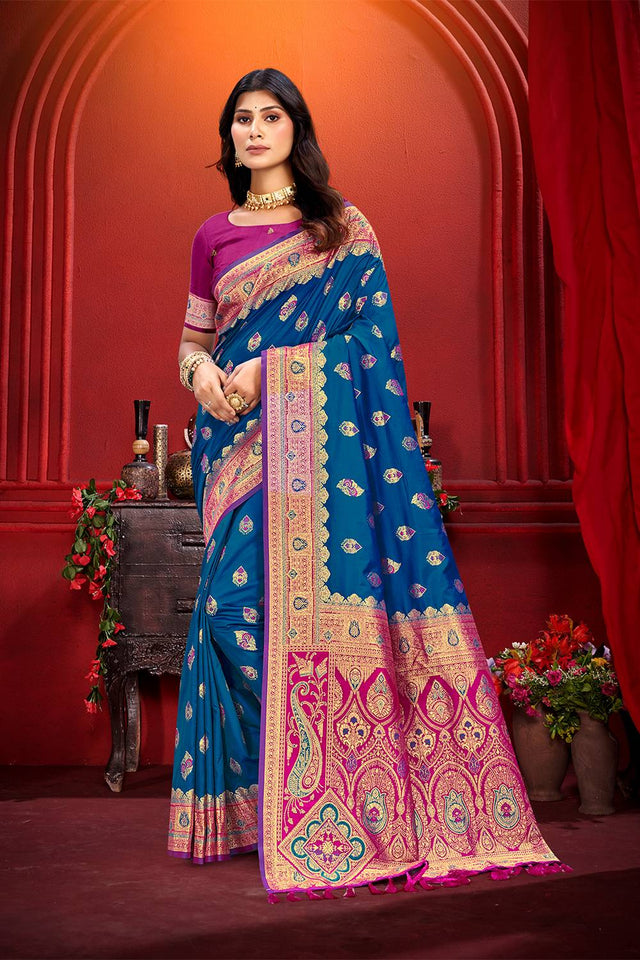 Blue Woven Silk Saree