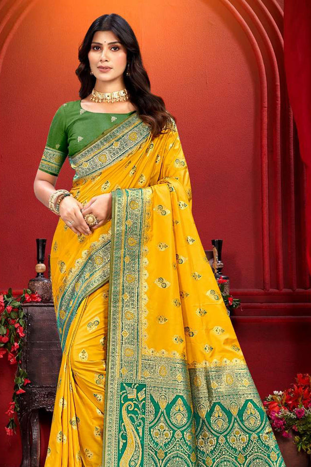 Yellow Woven Silk Saree