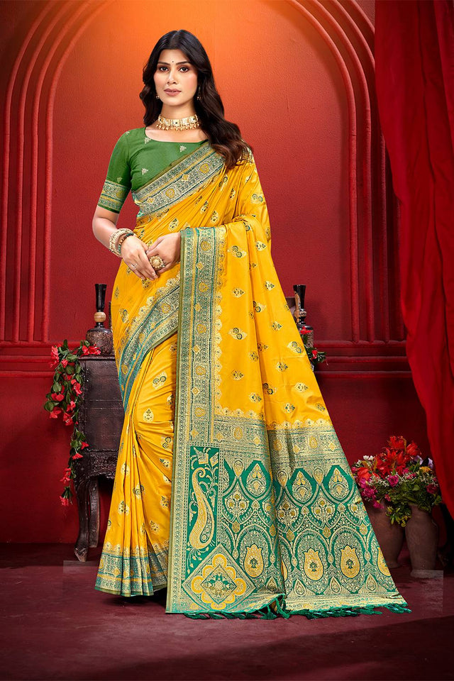 Yellow Woven Silk Saree