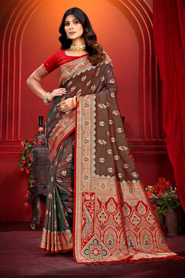 Brown Woven Silk Saree