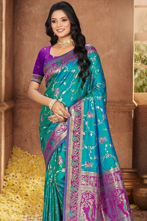 Turquoise Woven Silk Saree