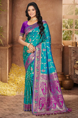 Turquoise Woven Silk Saree