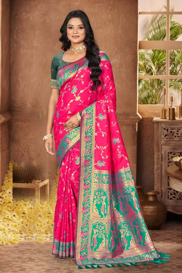 Dark Pink Woven Silk Saree