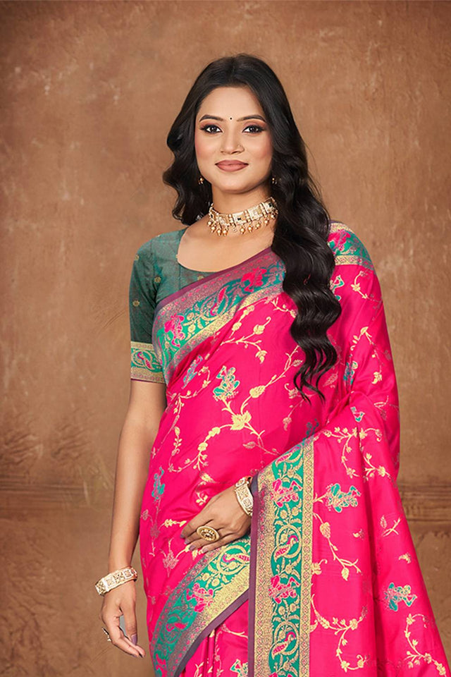Pink Woven Silk Saree