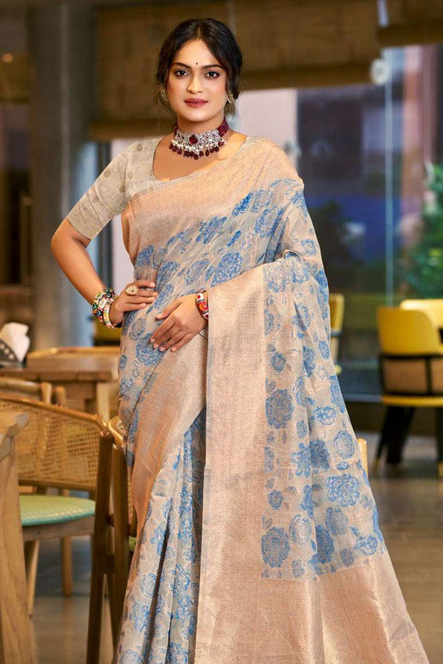 Blue Woven Cotton Saree