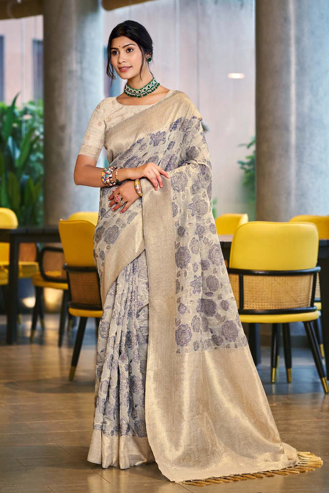 Light Grey Woven Cotton Saree