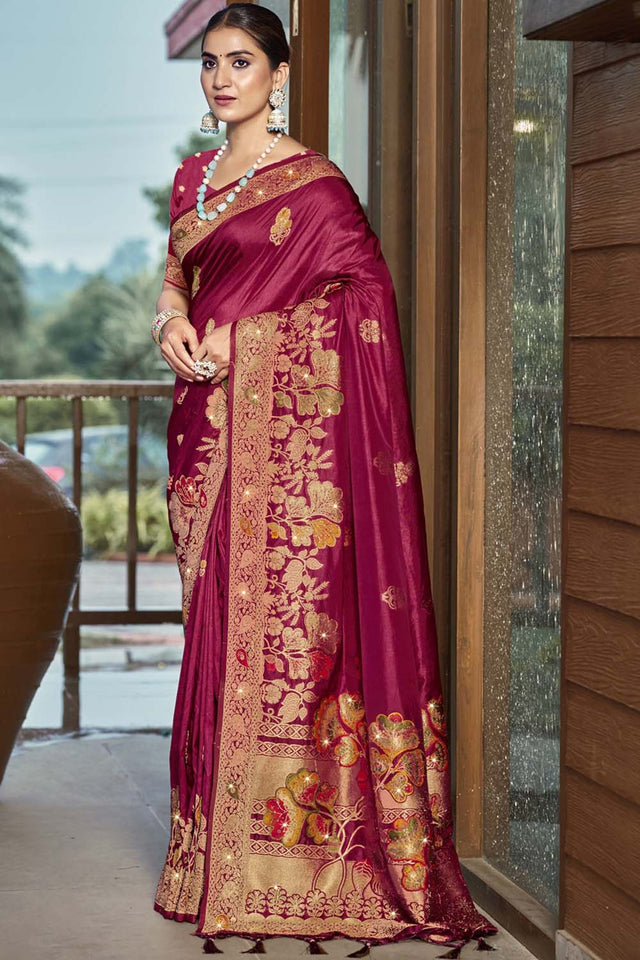 Wine Woven Silk Saree