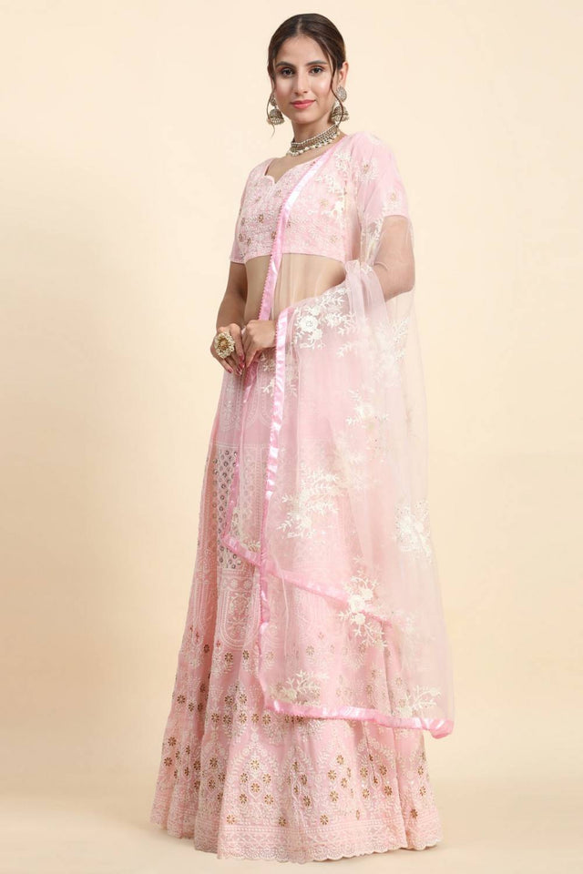 Light Pink Floral Embroidered Silk Lehenga