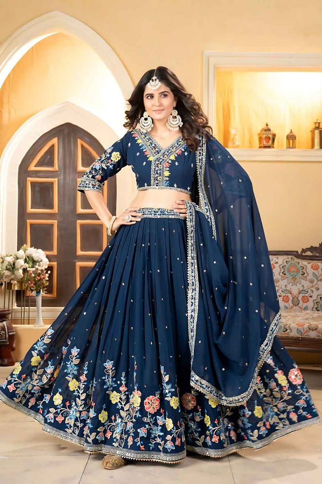 Dark Blue Sequins with Embroidered Georgette Lehenga