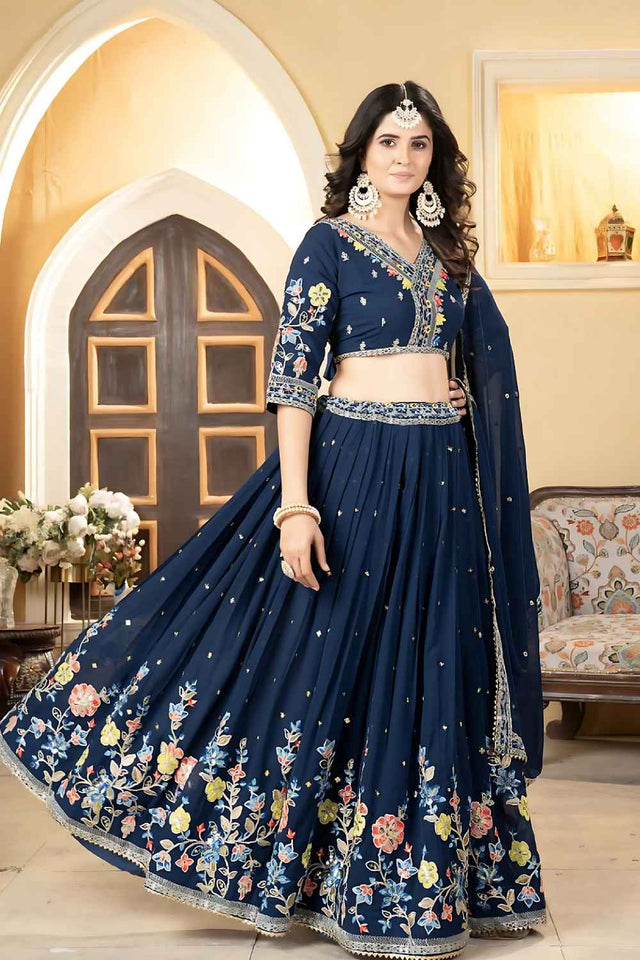 Dark Blue Sequins with Embroidered Georgette Lehenga
