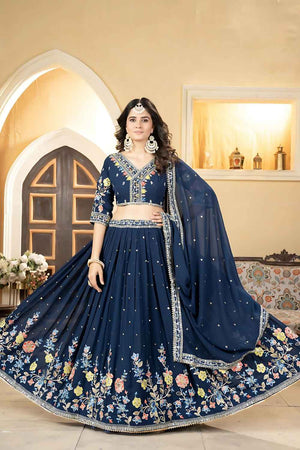 Dark Blue Sequins with Embroidered Georgette Lehenga