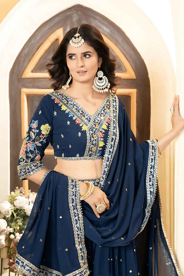 Dark Blue Sequins with Embroidered Georgette Lehenga
