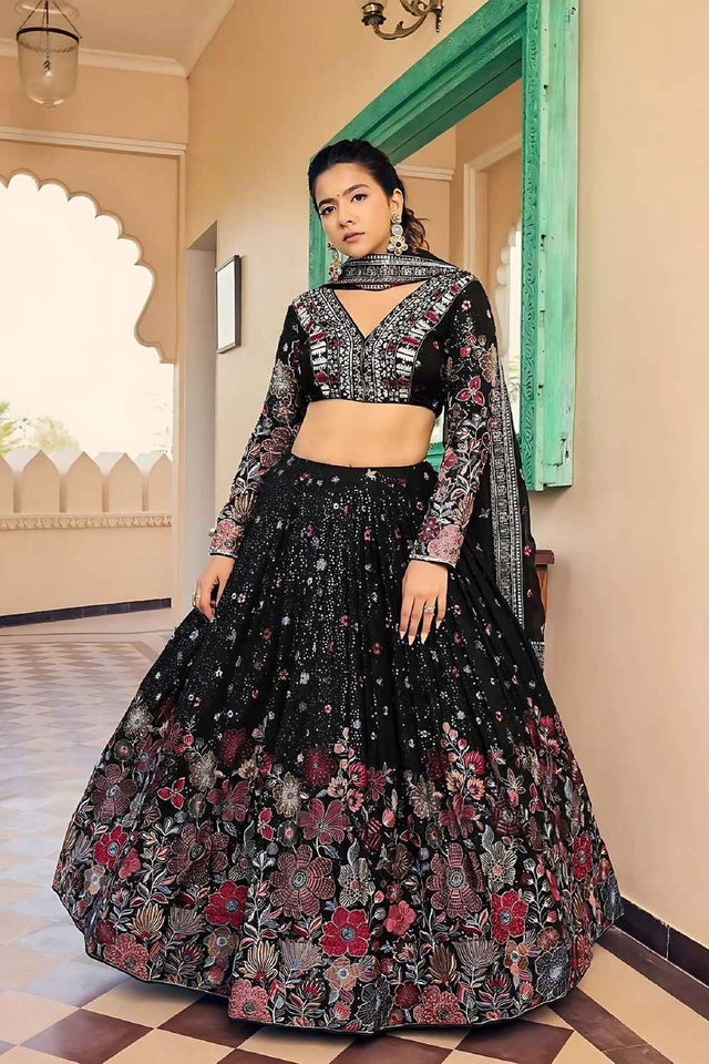 Black Sequins with Embroidered Georgette Lehenga (Baby_black)