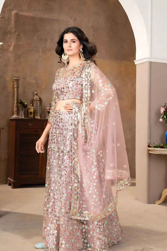 Light Pink Sequins with Embroidered Georgette Lehenga
