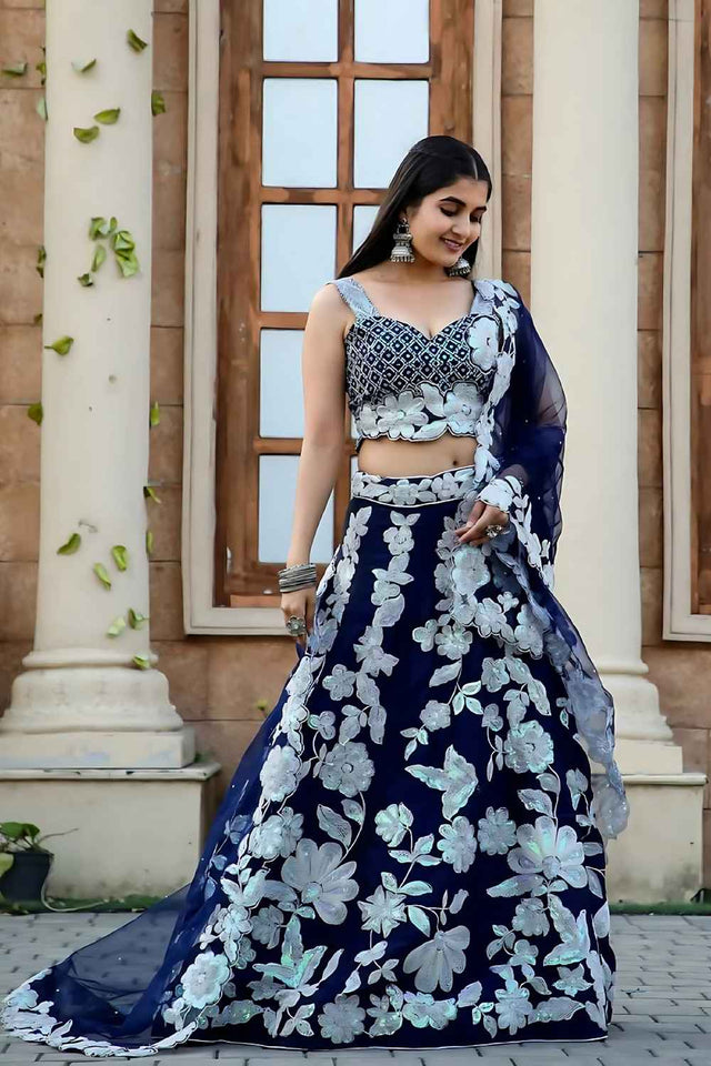 Navy Blue Thread Work Silk Lehenga