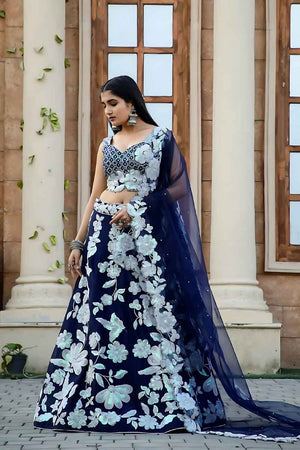 Navy Blue Thread Work Silk Lehenga