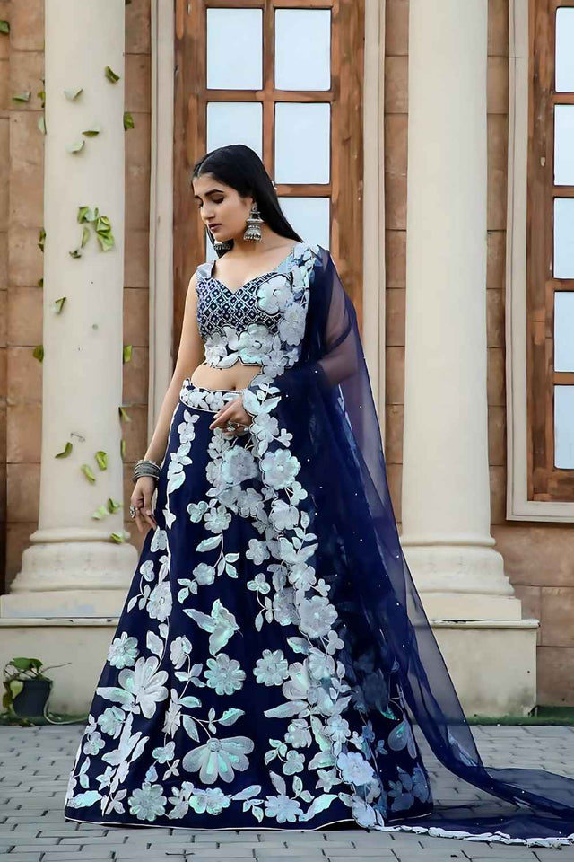 Navy Blue Thread Work Silk Lehenga