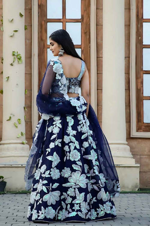 Navy Blue Thread Work Silk Lehenga