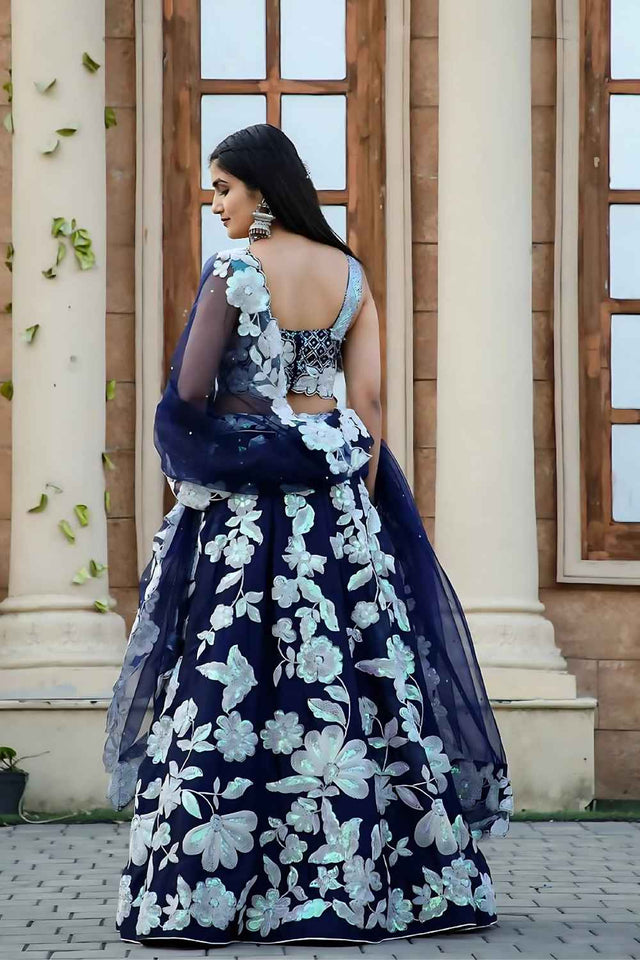 Navy Blue Thread Work Silk Lehenga