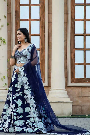 Navy Blue Thread Work Silk Lehenga