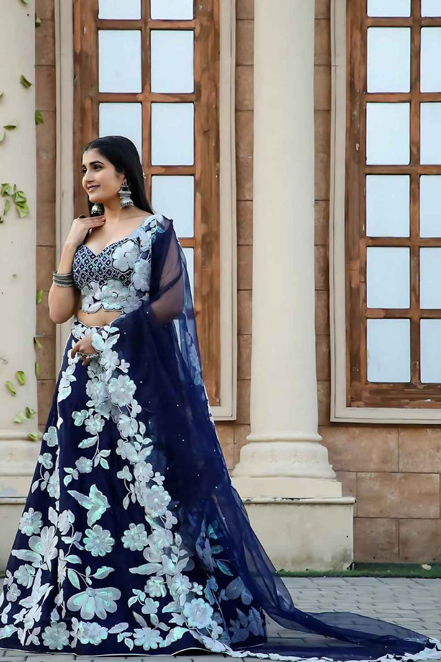 Navy Blue Thread Work Silk Lehenga