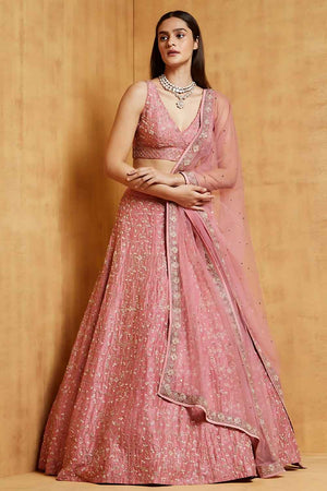 Light Pink Embroidered Satin Lehenga