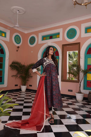 Red Ajrakh Printed Cotton Kurti Pant Set