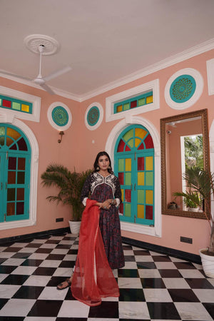 Red Ajrakh Printed Cotton Kurti Pant Set