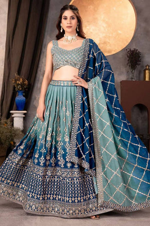 Blue Floral Embroidered Georgette Lehenga (CB-Double)