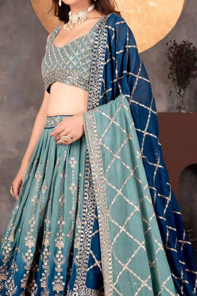 Blue Floral Embroidered Georgette Lehenga (CB-Double)