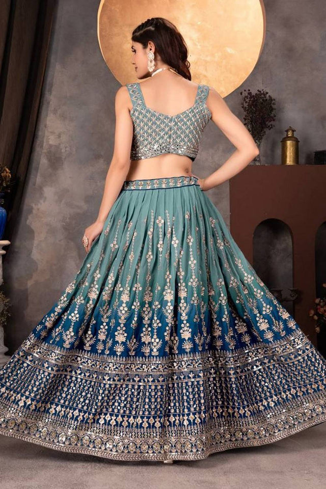 Blue Floral Embroidered Georgette Lehenga (CB-Double)
