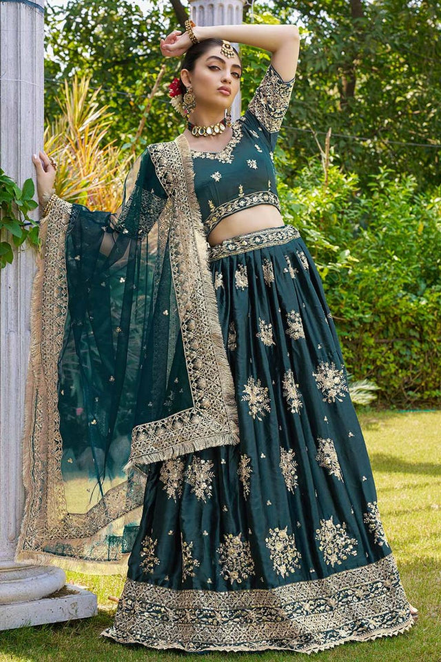 Green Floral Embroidered Satin Lehenga (CB-green)