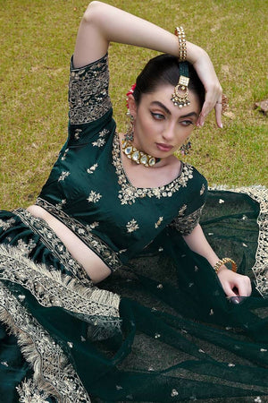 Green Floral Embroidered Satin Lehenga (CB-green)