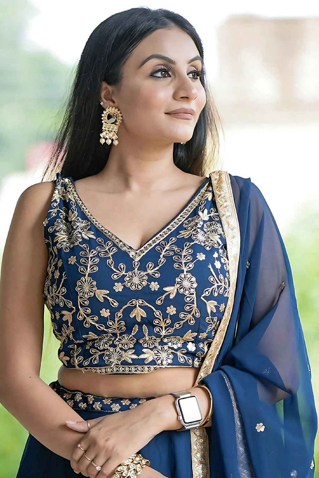 Blue Embroidered Georgette Lehenga