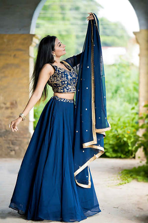 Blue Embroidered Georgette Lehenga