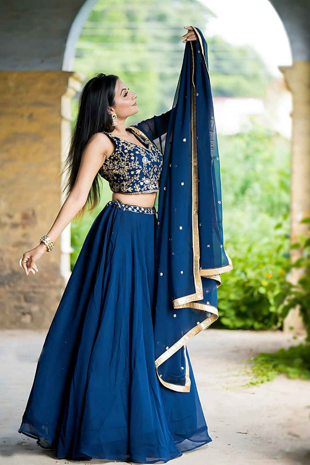 Blue Embroidered Georgette Lehenga