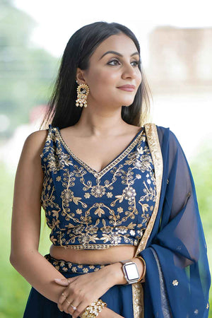 Blue Embroidered Georgette Lehenga