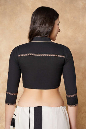 Black Solid Cotton Stand Collar Blouse