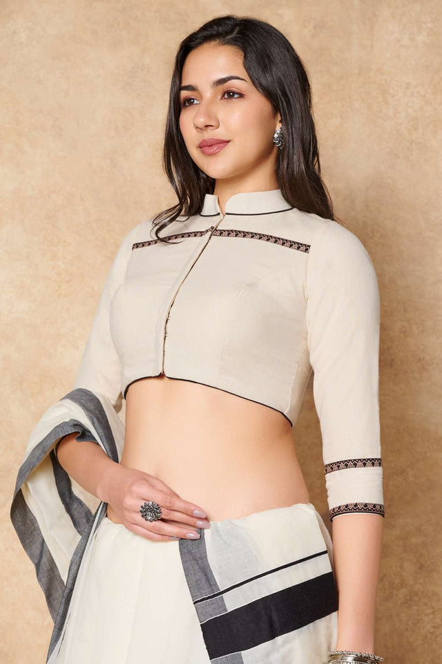 Cream Solid Cotton Stand Collar Blouse