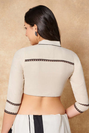 Cream Solid Cotton Stand Collar Blouse